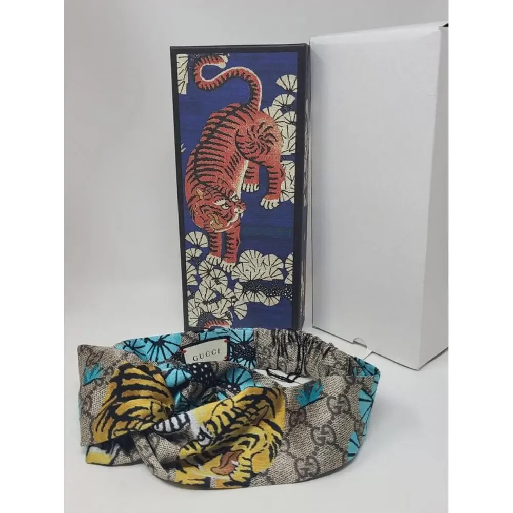 Gucci Beige blue supreme GG Monogram silk headband M sz - Picture 2 of 7
